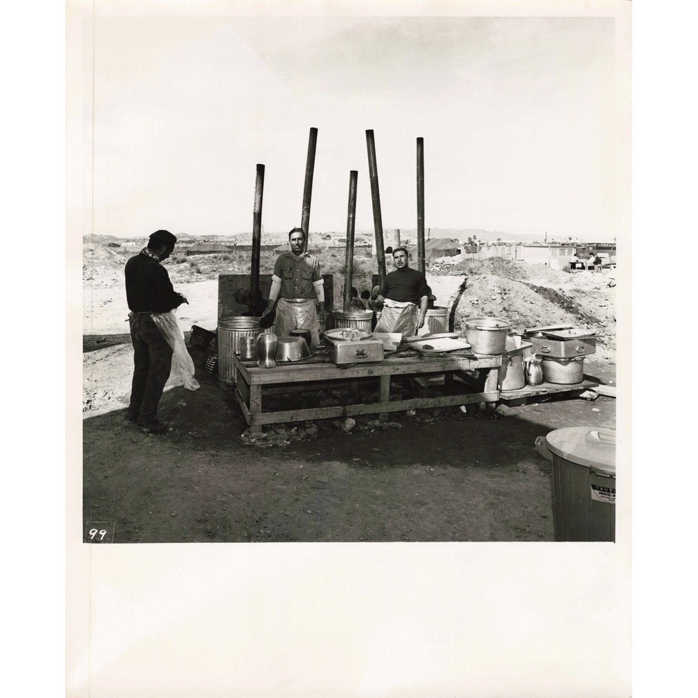 Vintage Black and White Photo Men at Outdoor Field Kitchen Desert Mess Hall